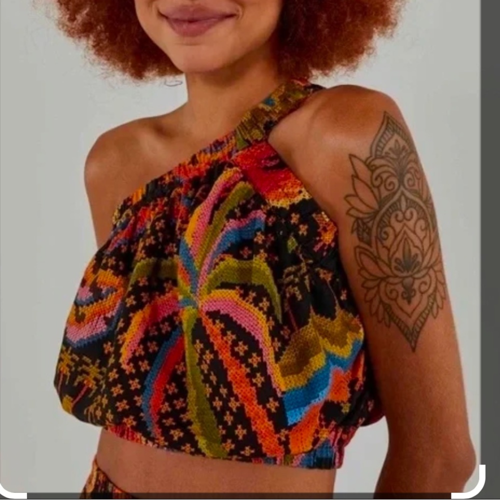 Farm Rio black macaw one shoulder crop top